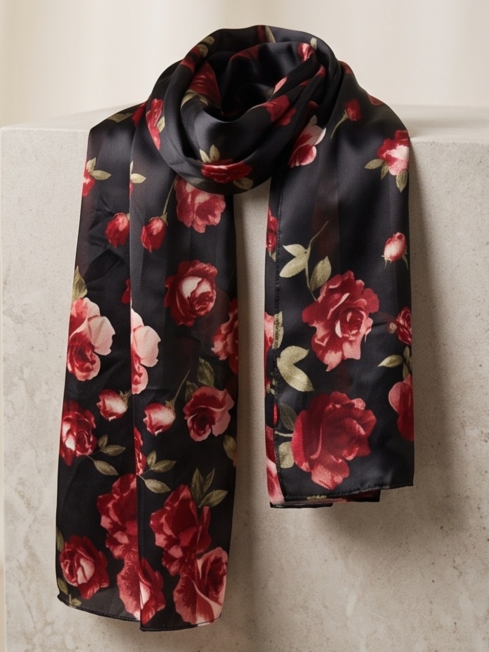 White House Black Market - 100% Silk Black Floral Rose Print Scarf w/Stripes